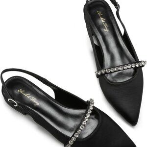 Women Flats Rhinestone Pointed Toe Slingback Dress Shoes Black Satin Size 8